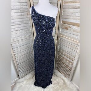 Vintage 90s Scala Navy Blue Sequin Beaded Lattice Back One Shoulder Formal Dress